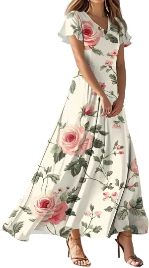 Church Dresses for Women 2025 Summer Elegant Classy Flowy Ruffle Swing V Neck A Line Dress Casual Boho Long Sundress