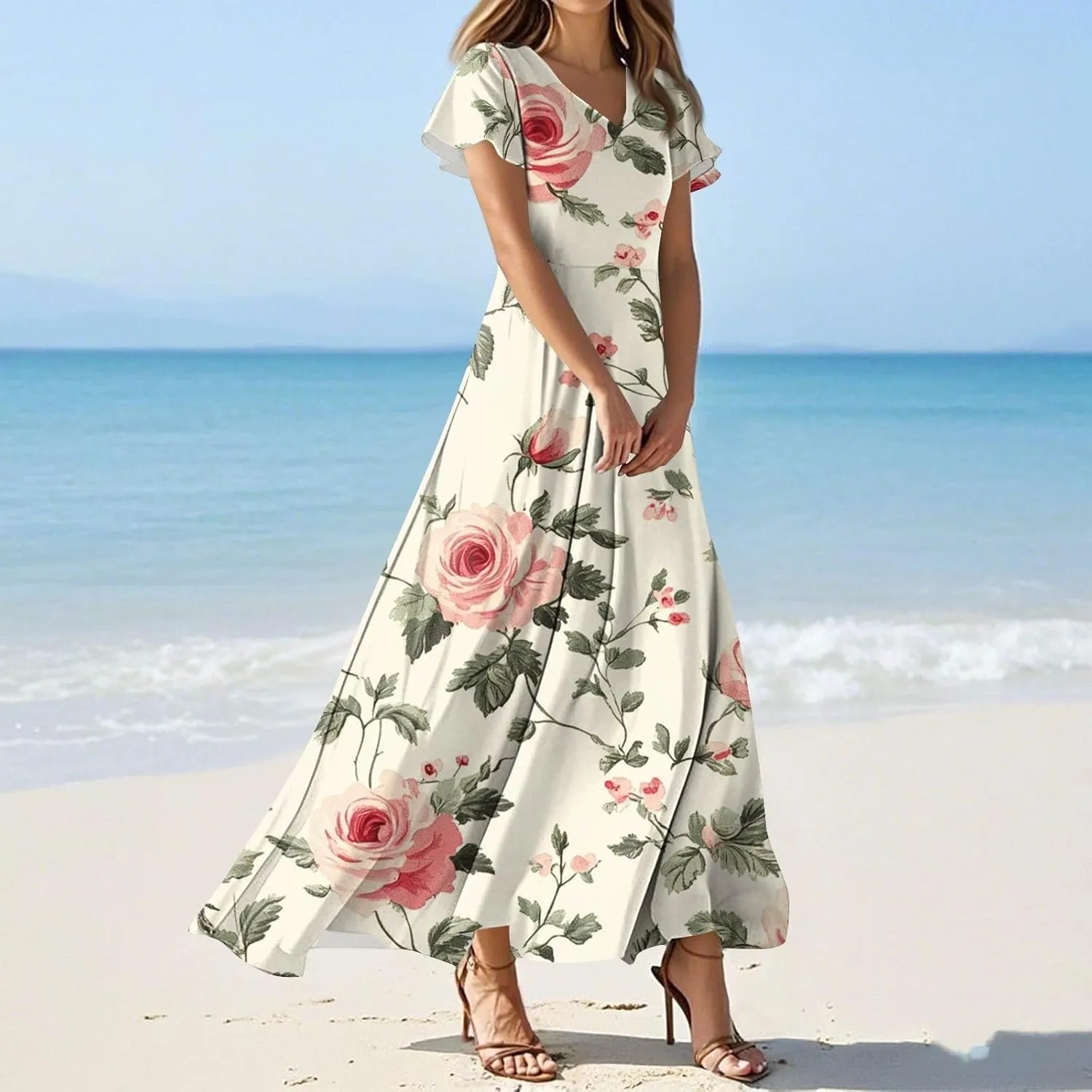 Church Dresses for Women 2025 Summer Elegant Classy Flowy Ruffle Swing V Neck A Line Dress Casual Boho Long Sundress