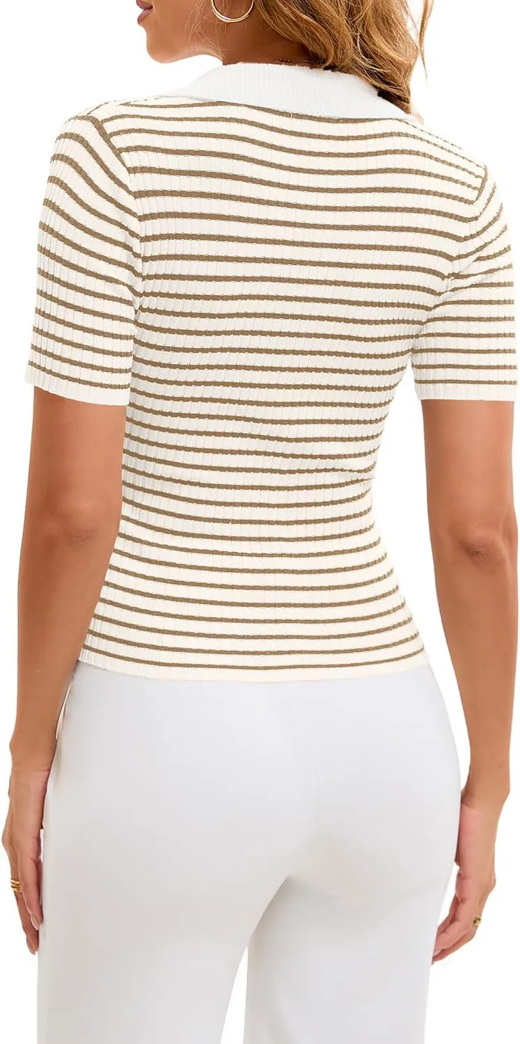 Cioatin Women Short Sleeve Striped Knit Polo Crop Shirt Tops Vintage Collar V Neck Slim Fit T-Shirt Aesthetic Going Out