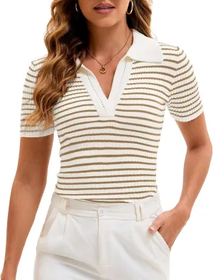 Cioatin Women Short Sleeve Striped Knit Polo Crop Shirt Tops Vintage Collar V Neck Slim Fit T-Shirt Aesthetic Going Out
