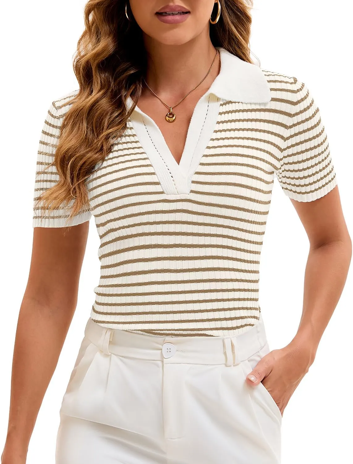 Cioatin Women Short Sleeve Striped Knit Polo Crop Shirt Tops Vintage Collar V Neck Slim Fit T-Shirt Aesthetic Going Out
