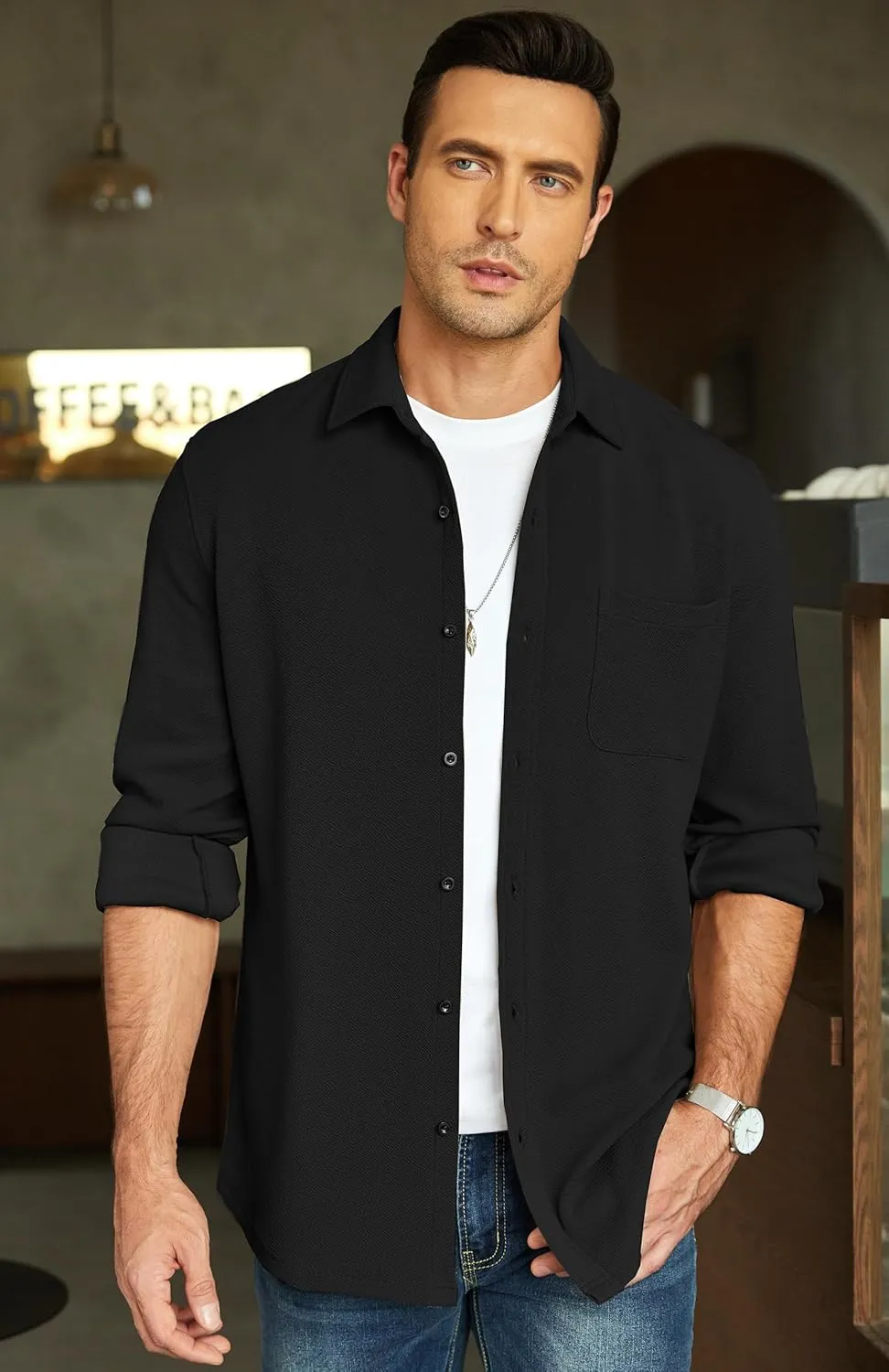 COOFANDY Men's Lightweight Shirt Shacket Long Sleeve Textured Button Down Shirts Casual Jacket