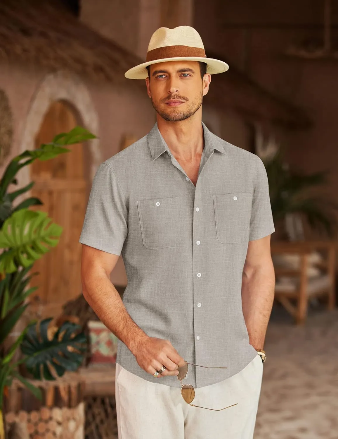 COOFANDY Men's Linen Shirt Beach Summer Short Sleeve Button Down Casual Shirts