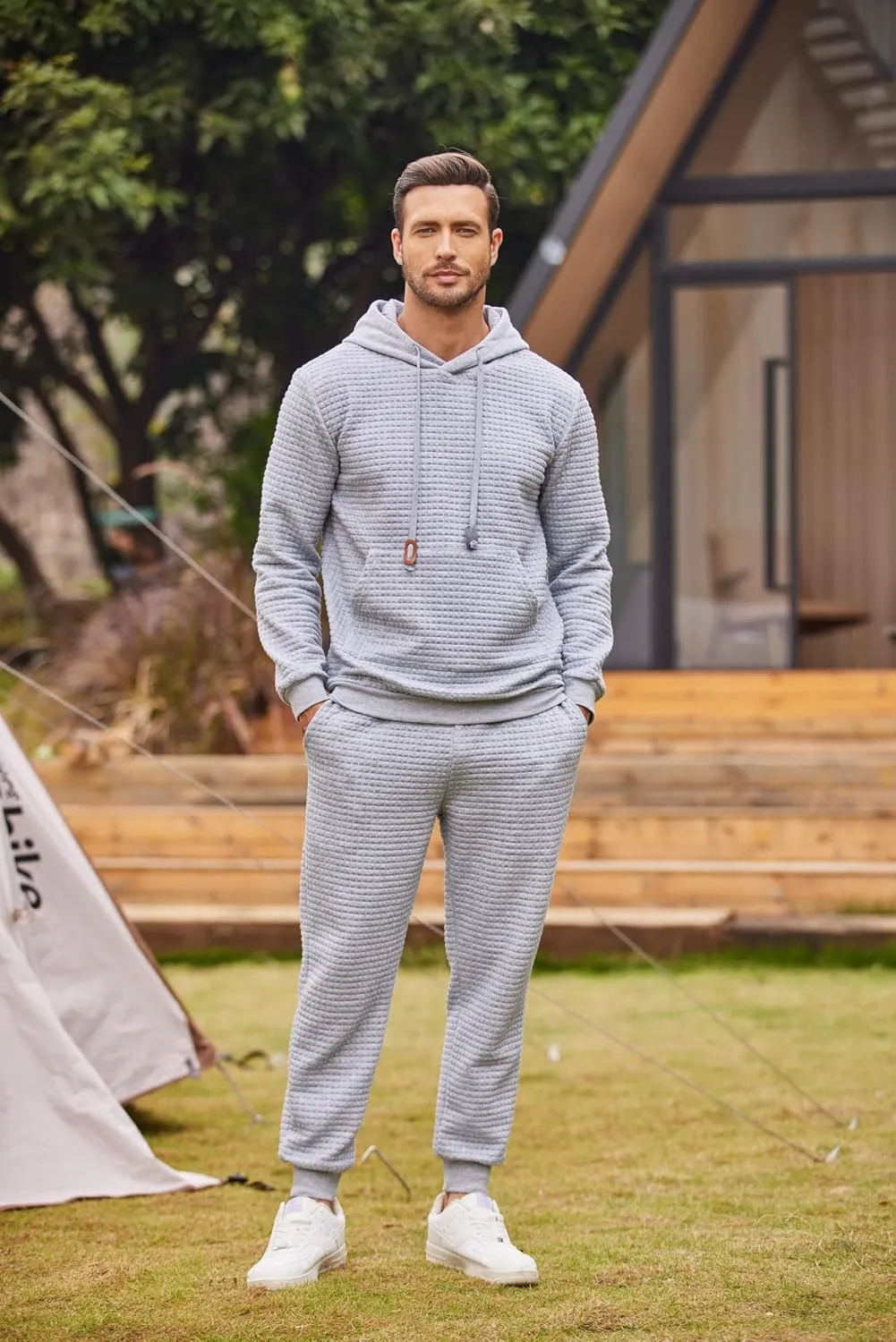 COOFANDY Men's Tracksuit 2 Piece Hoodie Sweatsuit Sets Casual Athletic Jogging Suits Waffle Plaid Jacquard Outfits