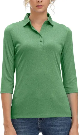 Corna Women's Soft 3/4 Sleeve V Neck Golf Shirt Mositure Wicking Performance Sports Polo Shirt Office Work Tops for Women