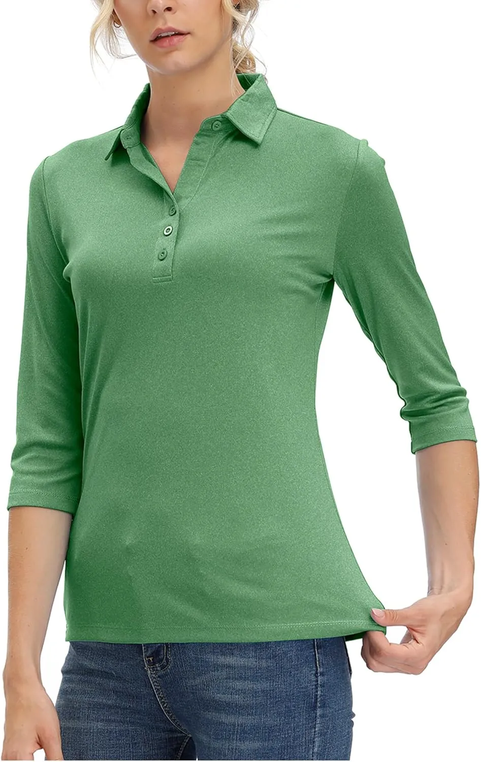 Corna Women's Soft 3/4 Sleeve V Neck Golf Shirt Mositure Wicking Performance Sports Polo Shirt Office Work Tops for Women