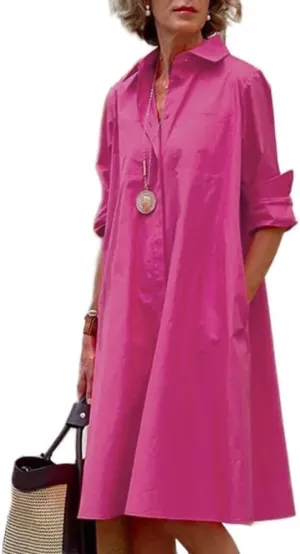 Costaric Womens Cotton Linen Shirt Dress Long Sleeve Button Down V Neck Loose Fit Casual Shirt Dresses with Pockets