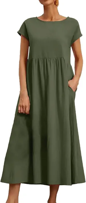 Cotton Dresses for Women 2024 Summer Linen Causal Maxi Shirt Dress Ladies Short Sleeve T-Shirt Sundress with Pockets