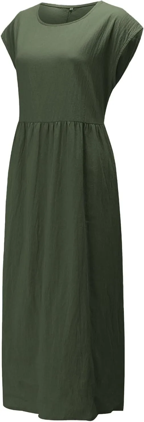 Cotton Dresses for Women 2024 Summer Linen Causal Maxi Shirt Dress Ladies Short Sleeve T-Shirt Sundress with Pockets