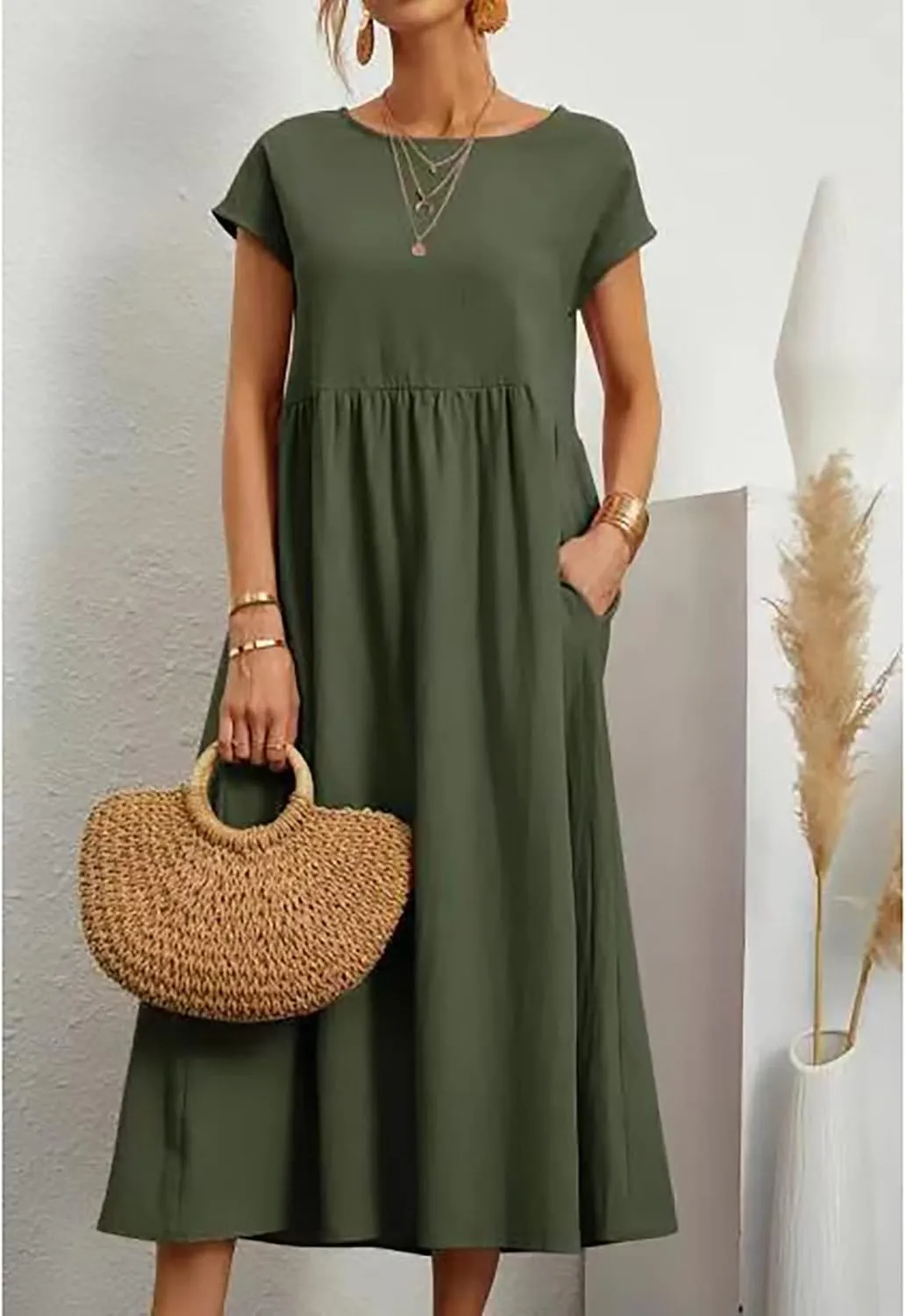 Cotton Dresses for Women 2024 Summer Linen Causal Maxi Shirt Dress Ladies Short Sleeve T-Shirt Sundress with Pockets