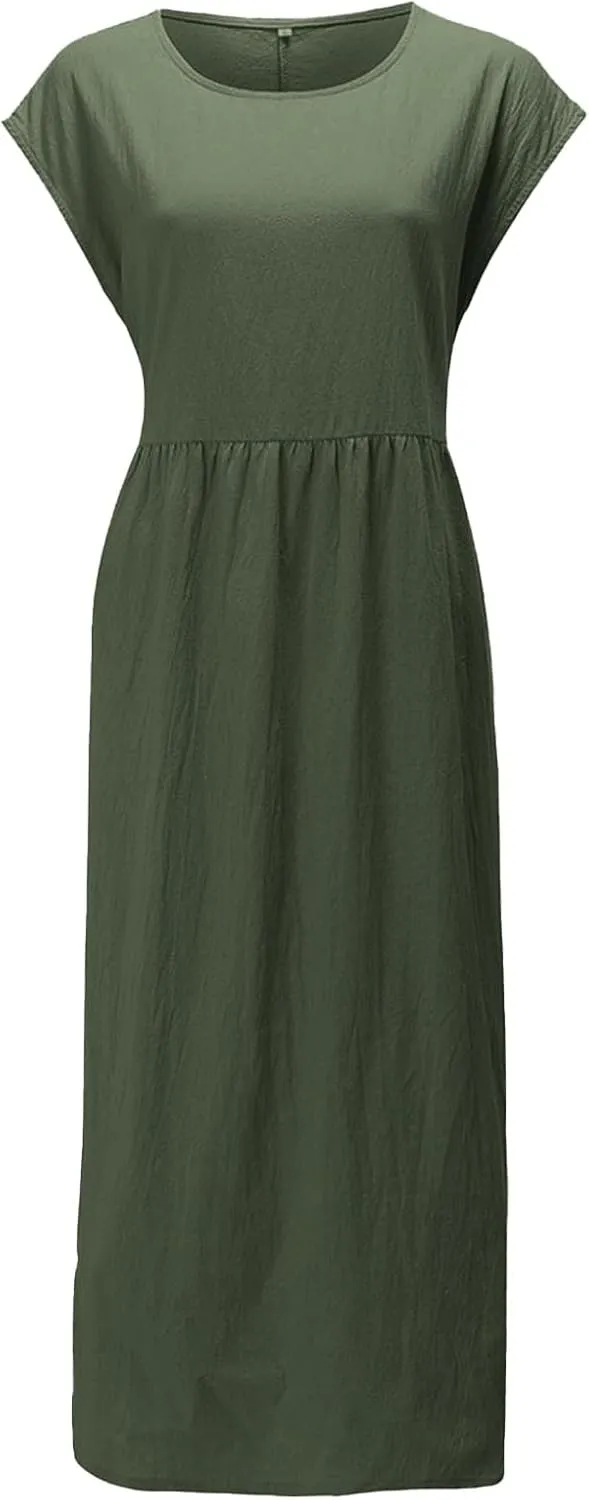 Cotton Dresses for Women 2024 Summer Linen Causal Maxi Shirt Dress Ladies Short Sleeve T-Shirt Sundress with Pockets