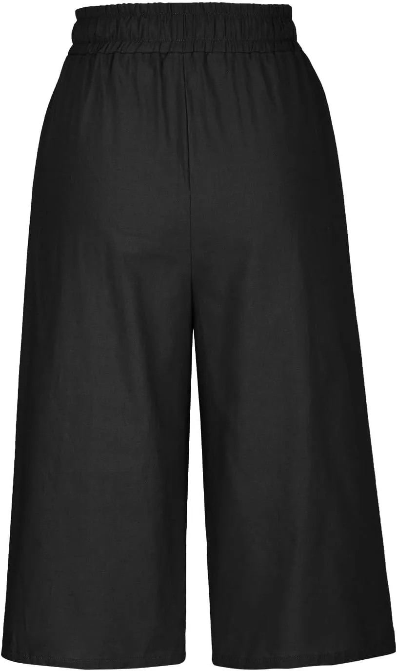 Cotton Linen Capri Pants for Women Drawstring Elastic Waist Summer Casual Loose Fit Solid Cropped Pants with Pockets