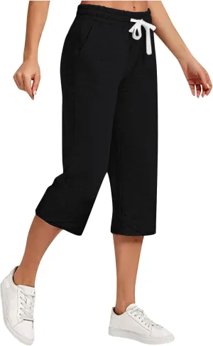 Cotton Linen Capri Pants for Women Drawstring Elastic Waist Summer Casual Loose Fit Solid Cropped Pants with Pockets