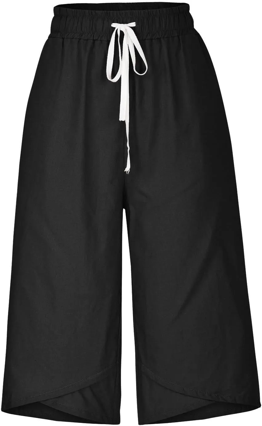 Cotton Linen Capri Pants for Women Drawstring Elastic Waist Summer Casual Loose Fit Solid Cropped Pants with Pockets