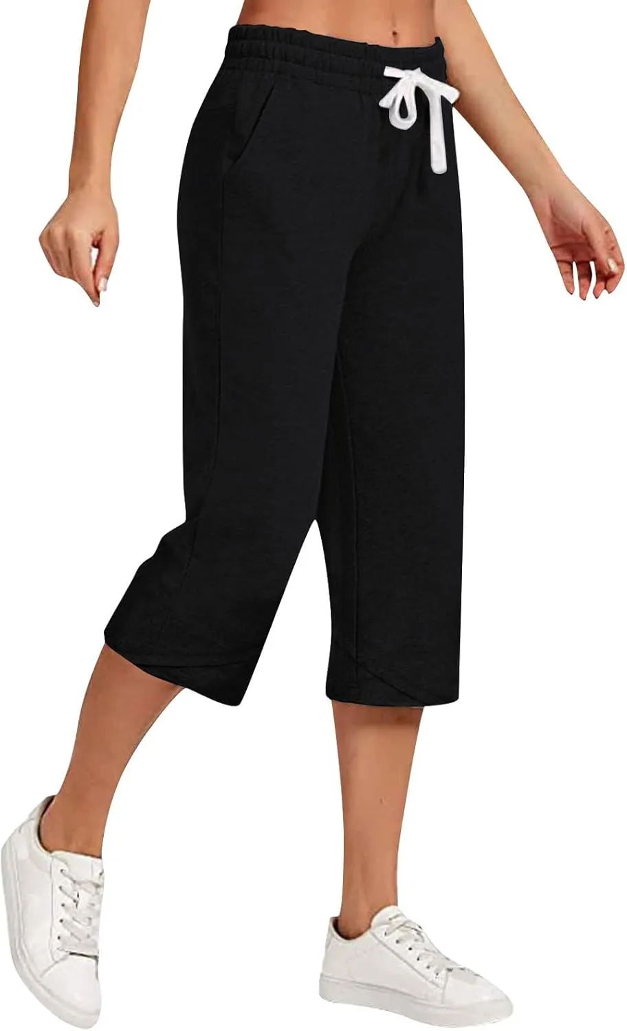 Cotton Linen Capri Pants for Women Drawstring Elastic Waist Summer Casual Loose Fit Solid Cropped Pants with Pockets