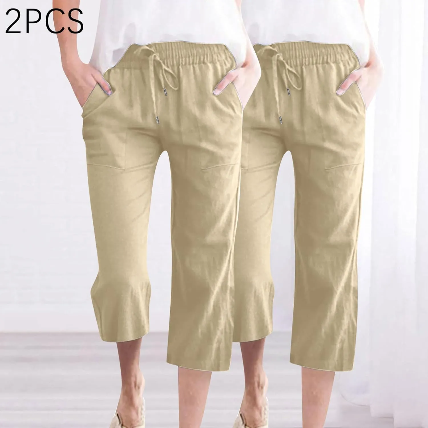 Cotton Linen Capri Pants for Women Fall Casual Capris Drawstring Elastic High Waist Pant Leg Cropped Trouser 2 Pack