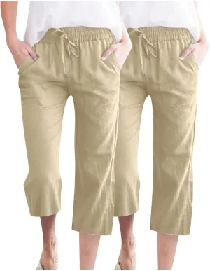 Cotton Linen Capri Pants for Women Fall Casual Capris Drawstring Elastic High Waist Pant Leg Cropped Trouser 2 Pack