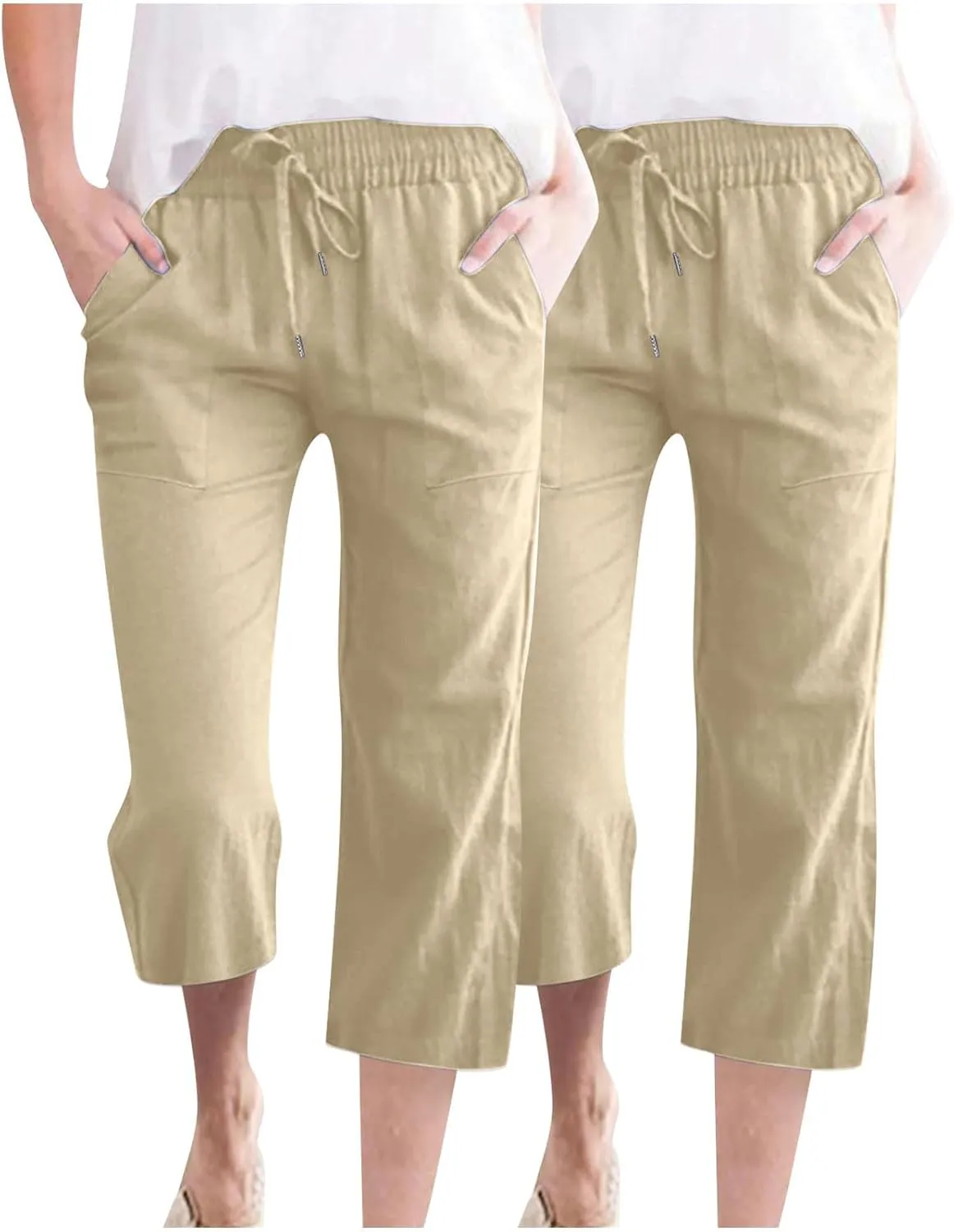 Cotton Linen Capri Pants for Women Fall Casual Capris Drawstring Elastic High Waist Pant Leg Cropped Trouser 2 Pack