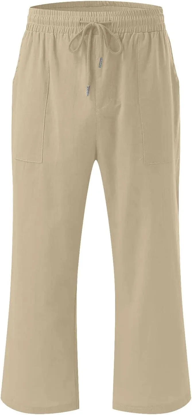 Cotton Linen Capri Pants for Women Fall Casual Capris Drawstring Elastic High Waist Pant Leg Cropped Trouser 2 Pack