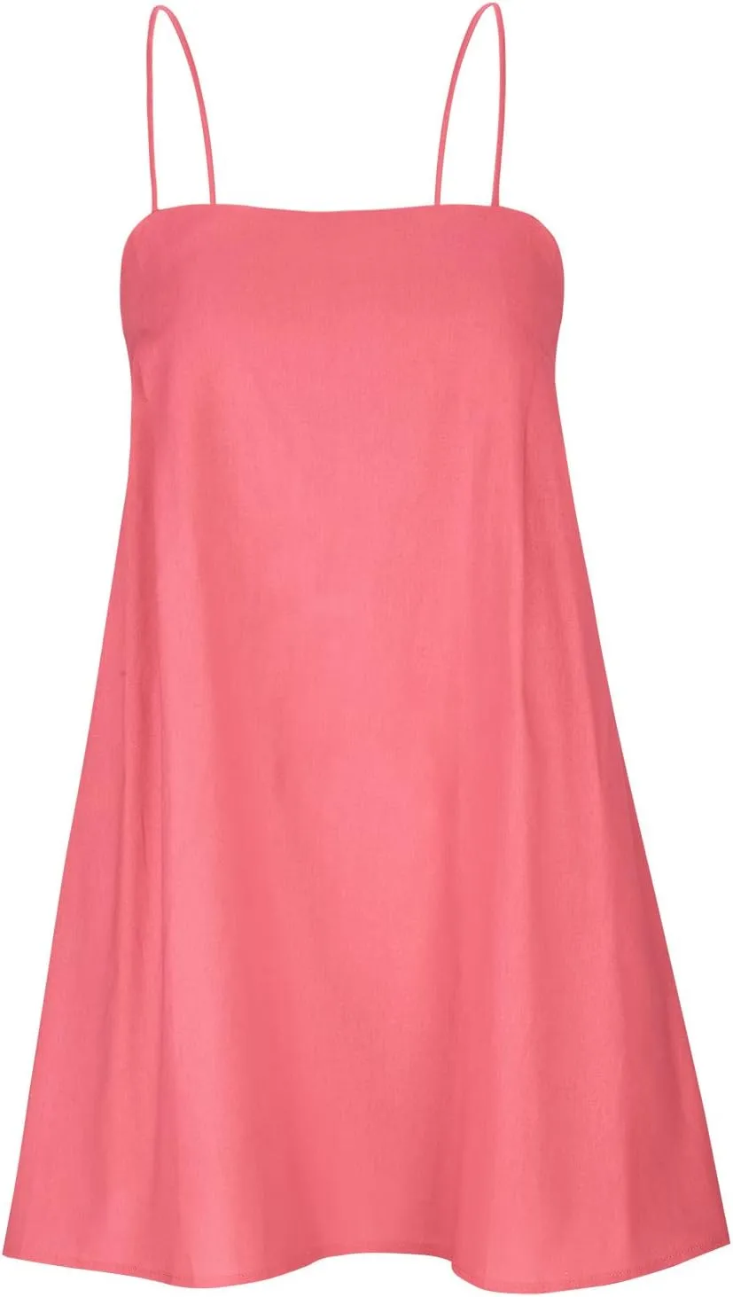 Cotton Linen Dress for Women, Square Neck Spaghetti Strap Dresses Summer Sleeveless Beach Sundress Zipper Cover Ups