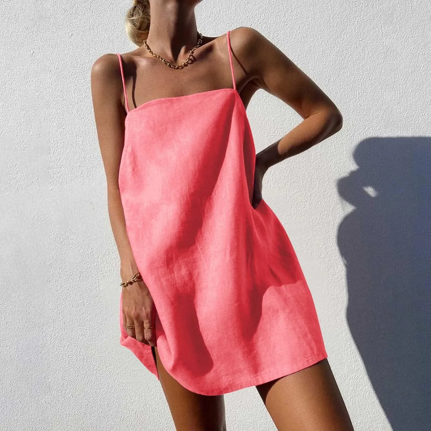 Cotton Linen Dress for Women, Square Neck Spaghetti Strap Dresses Summer Sleeveless Beach Sundress Zipper Cover Ups