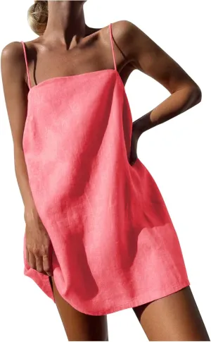 Cotton Linen Dress for Women, Square Neck Spaghetti Strap Dresses Summer Sleeveless Beach Sundress Zipper Cover Ups