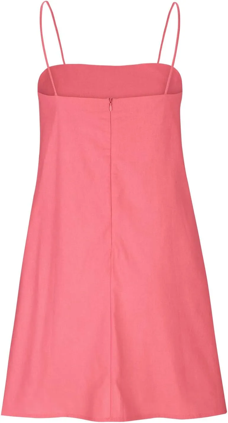 Cotton Linen Dress for Women, Square Neck Spaghetti Strap Dresses Summer Sleeveless Beach Sundress Zipper Cover Ups