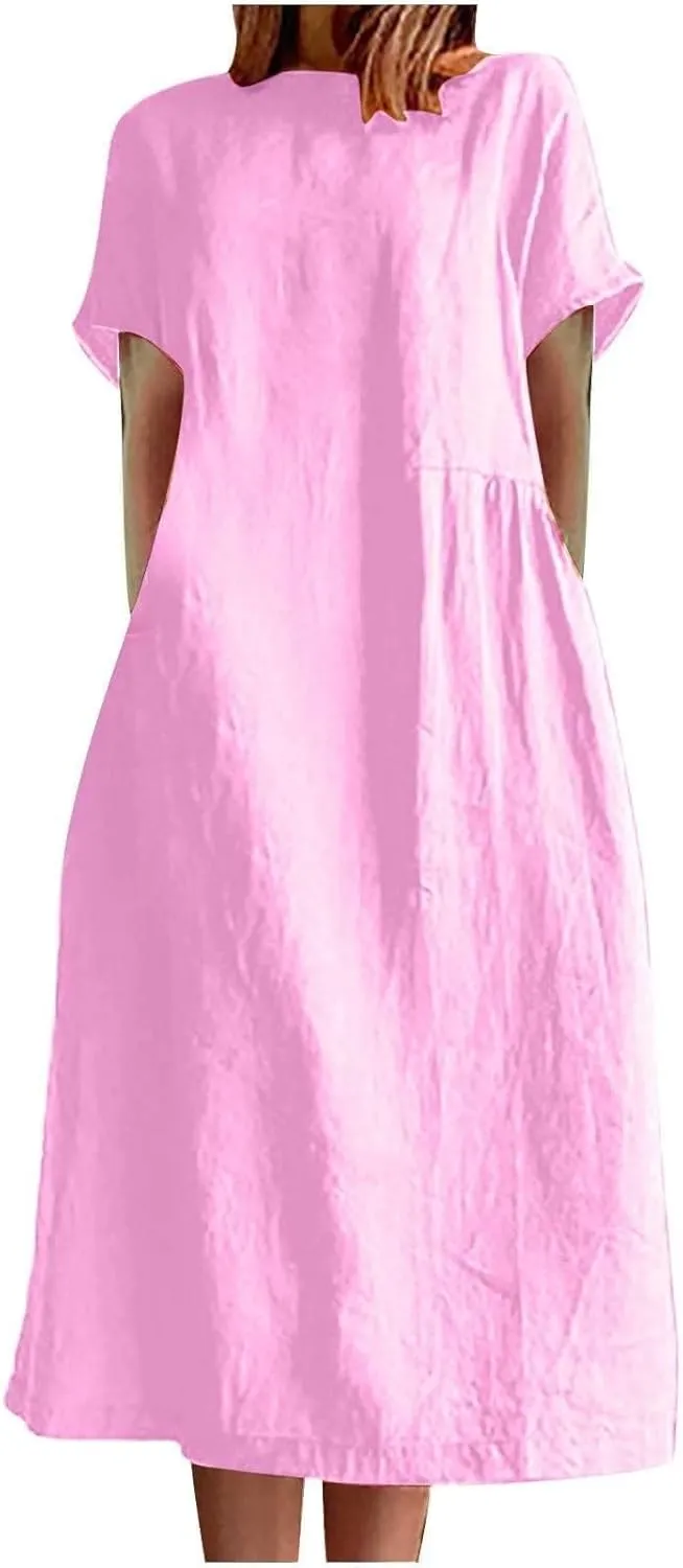 Cotton Linen Dresses for Women 2025 Short Sleeve Midi Beach Dress Flowy Summer Dresses Vacation Shirt Dress with Pocket