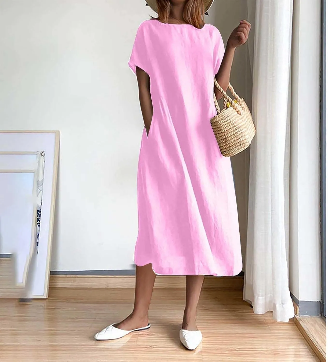 Cotton Linen Dresses for Women 2025 Short Sleeve Midi Beach Dress Flowy Summer Dresses Vacation Shirt Dress with Pocket