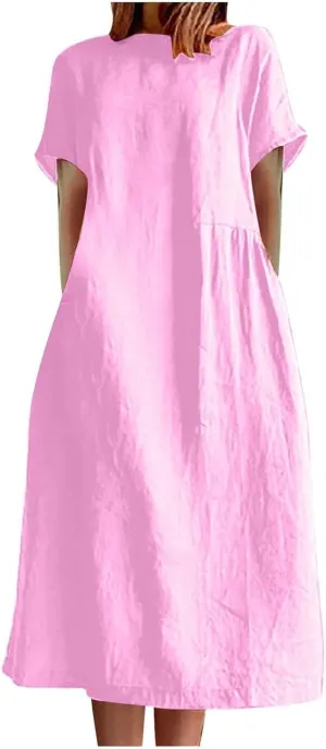 Cotton Linen Dresses for Women 2025 Short Sleeve Midi Beach Dress Flowy Summer Dresses Vacation Shirt Dress with Pocket