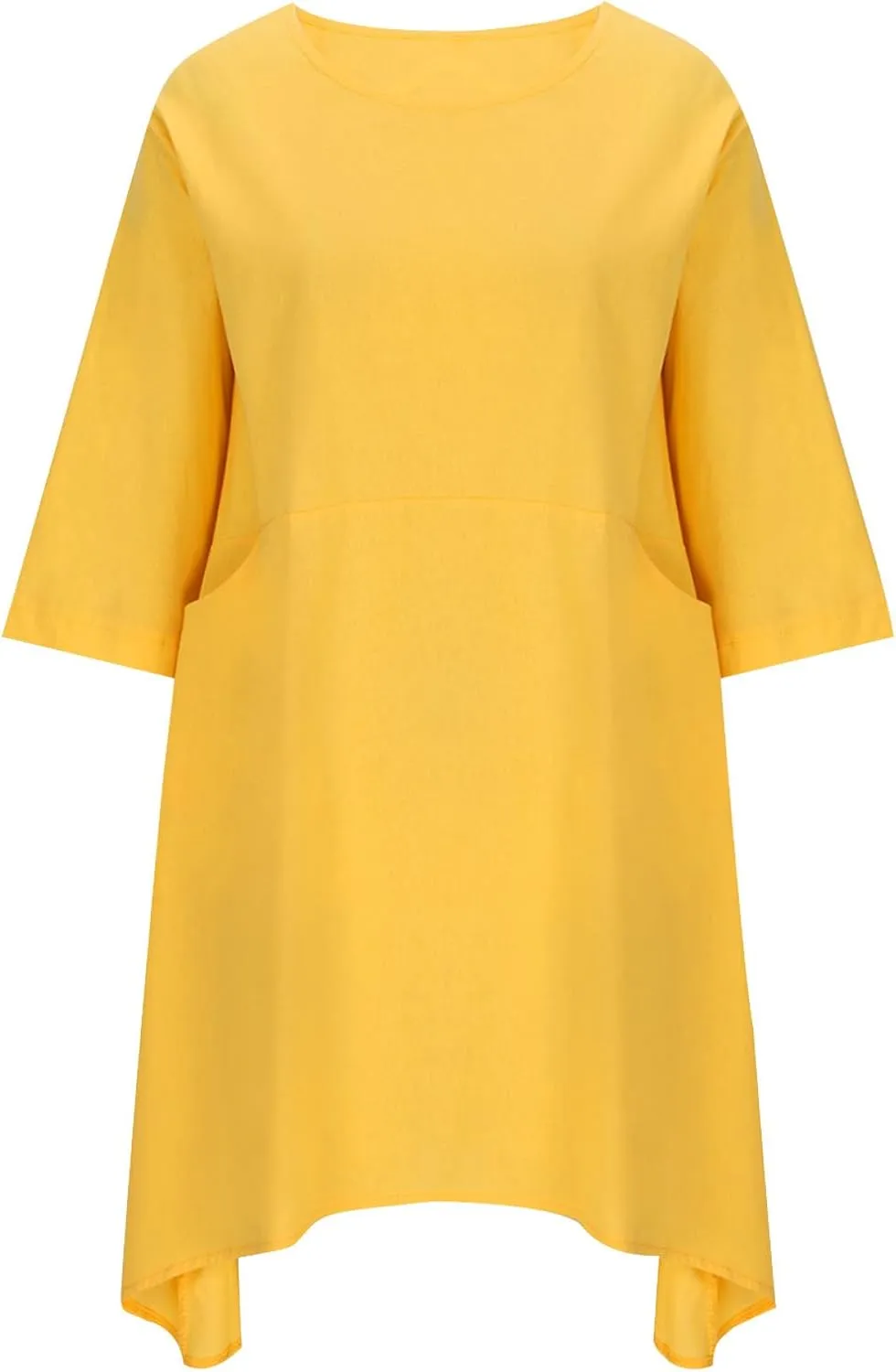Cotton Linen Midi Dress for Women Casual 3/4 Sleeve Crew Neck Shift Dress Knee Length Loose Solid Dresses Plus Size