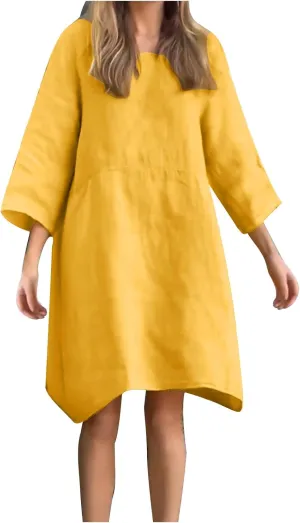 Cotton Linen Midi Dress for Women Casual 3/4 Sleeve Crew Neck Shift Dress Knee Length Loose Solid Dresses Plus Size