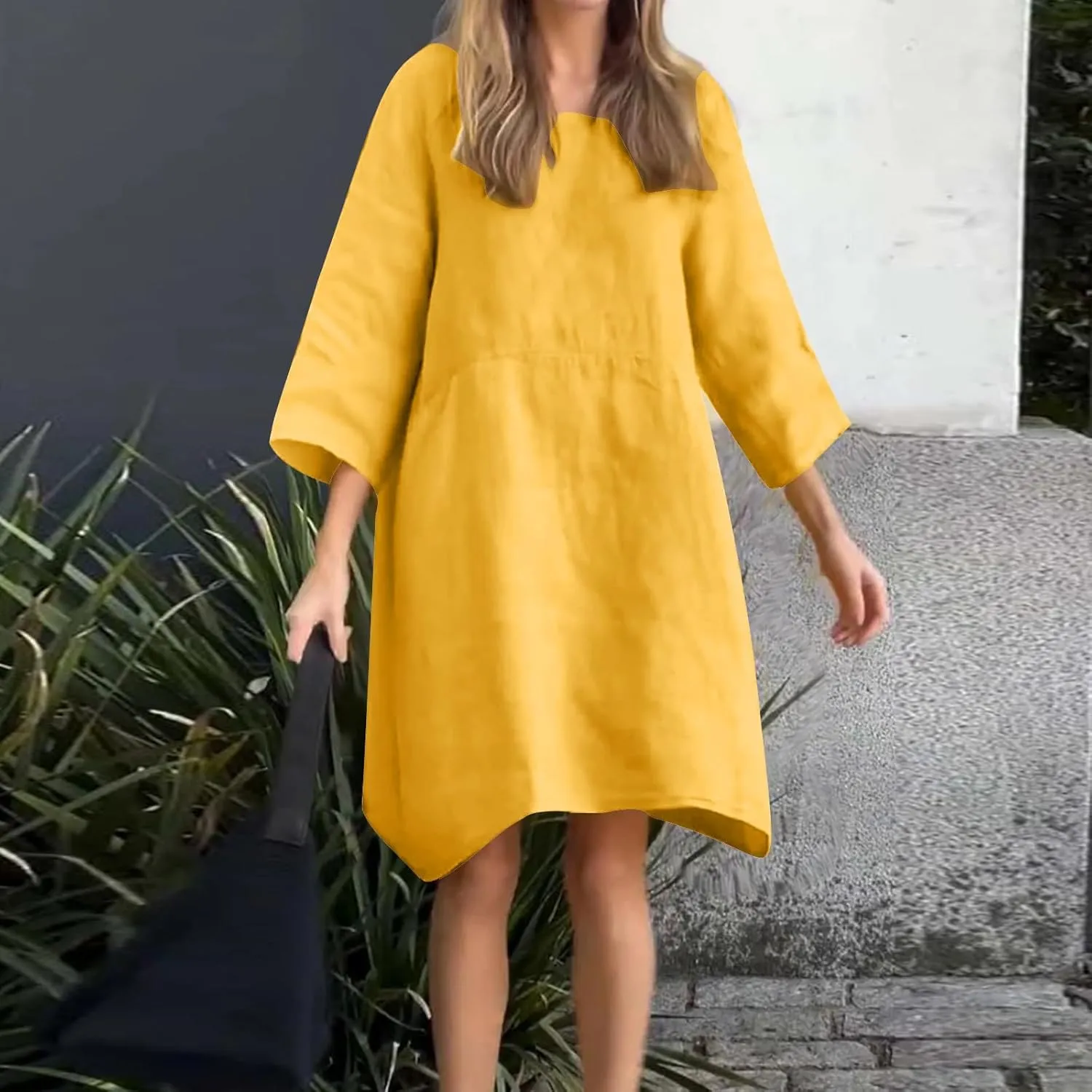 Cotton Linen Midi Dress for Women Casual 3/4 Sleeve Crew Neck Shift Dress Knee Length Loose Solid Dresses Plus Size