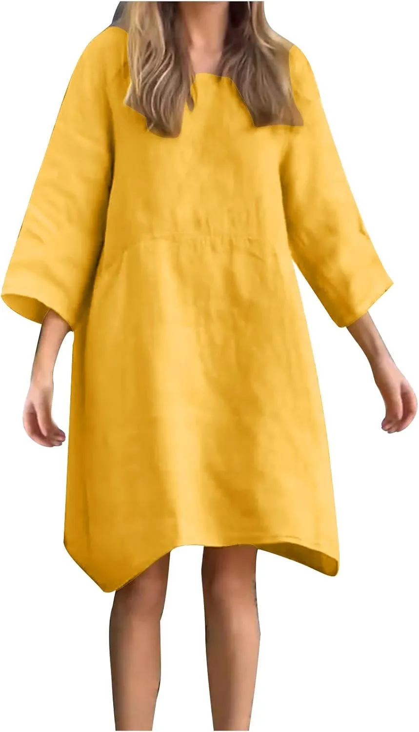 Cotton Linen Midi Dress for Women Casual 3/4 Sleeve Crew Neck Shift Dress Knee Length Loose Solid Dresses Plus Size