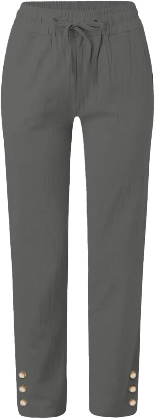 Cotton Linen Pants for Women 2025 Wide Leg Cropped Lounge Trousers Drawstring Elastic Waist Summer Beach Outfits