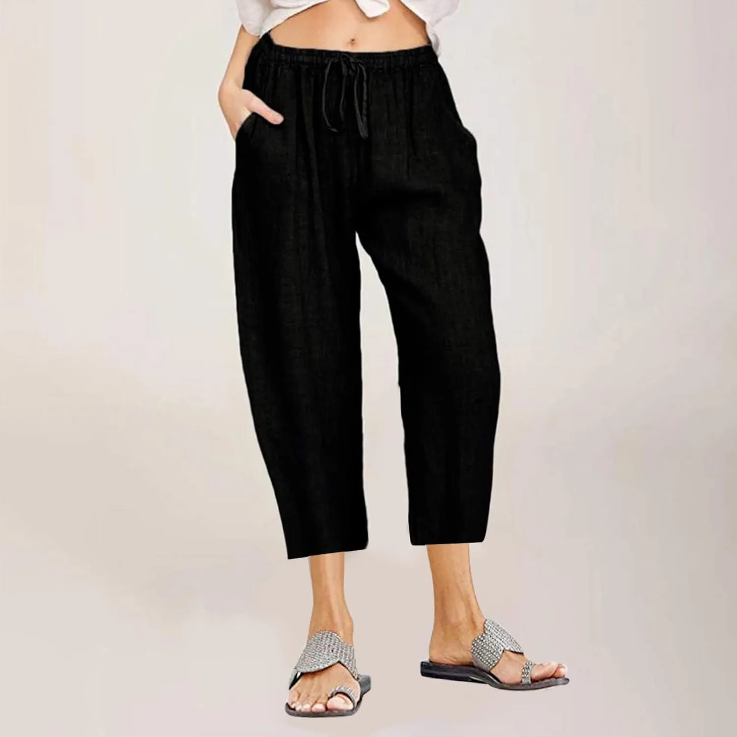 Cotton Linen Pants for Women 2025 Wide Leg Cropped Pant Drawstring Elastic Waist Lounge Trousers Summer Beach Outfits