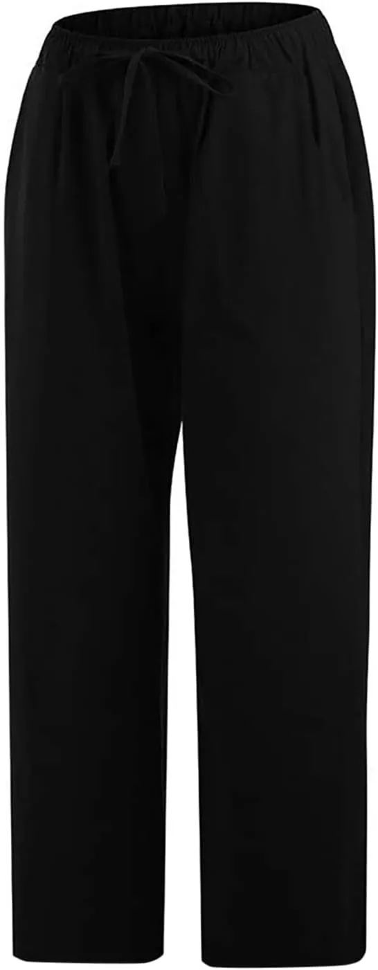 Cotton Linen Pants for Women 2025 Wide Leg Cropped Pant Drawstring Elastic Waist Lounge Trousers Summer Beach Outfits