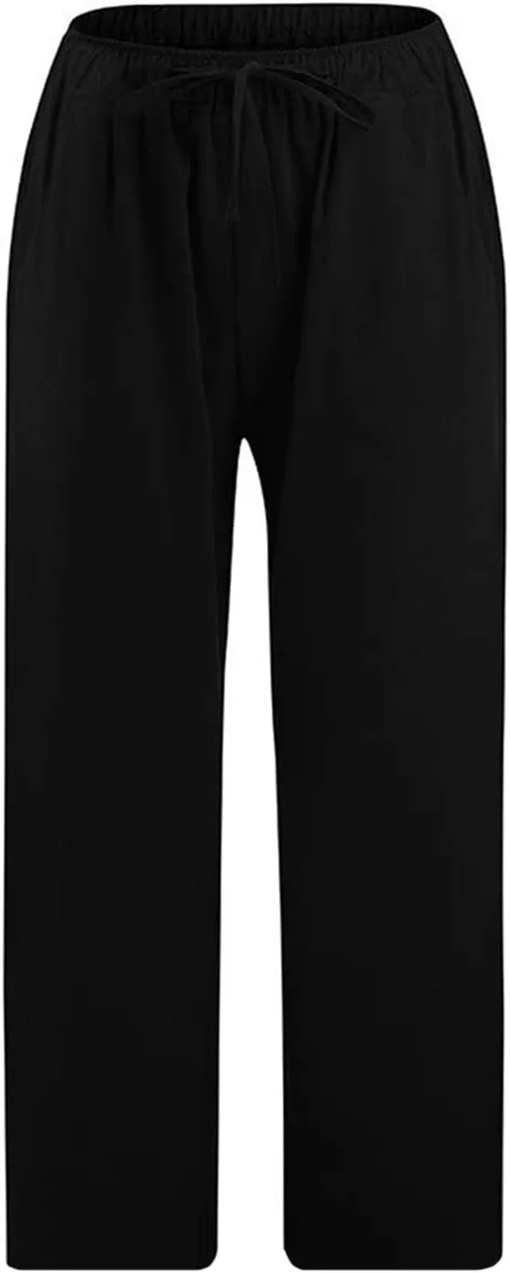 Cotton Linen Pants for Women 2025 Wide Leg Cropped Pant Drawstring Elastic Waist Lounge Trousers Summer Beach Outfits