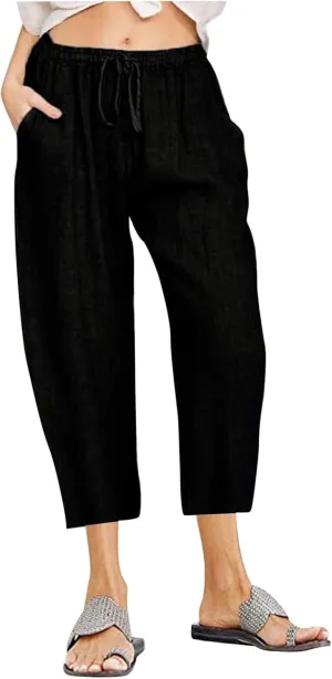Cotton Linen Pants for Women 2025 Wide Leg Cropped Pant Drawstring Elastic Waist Lounge Trousers Summer Beach Outfits