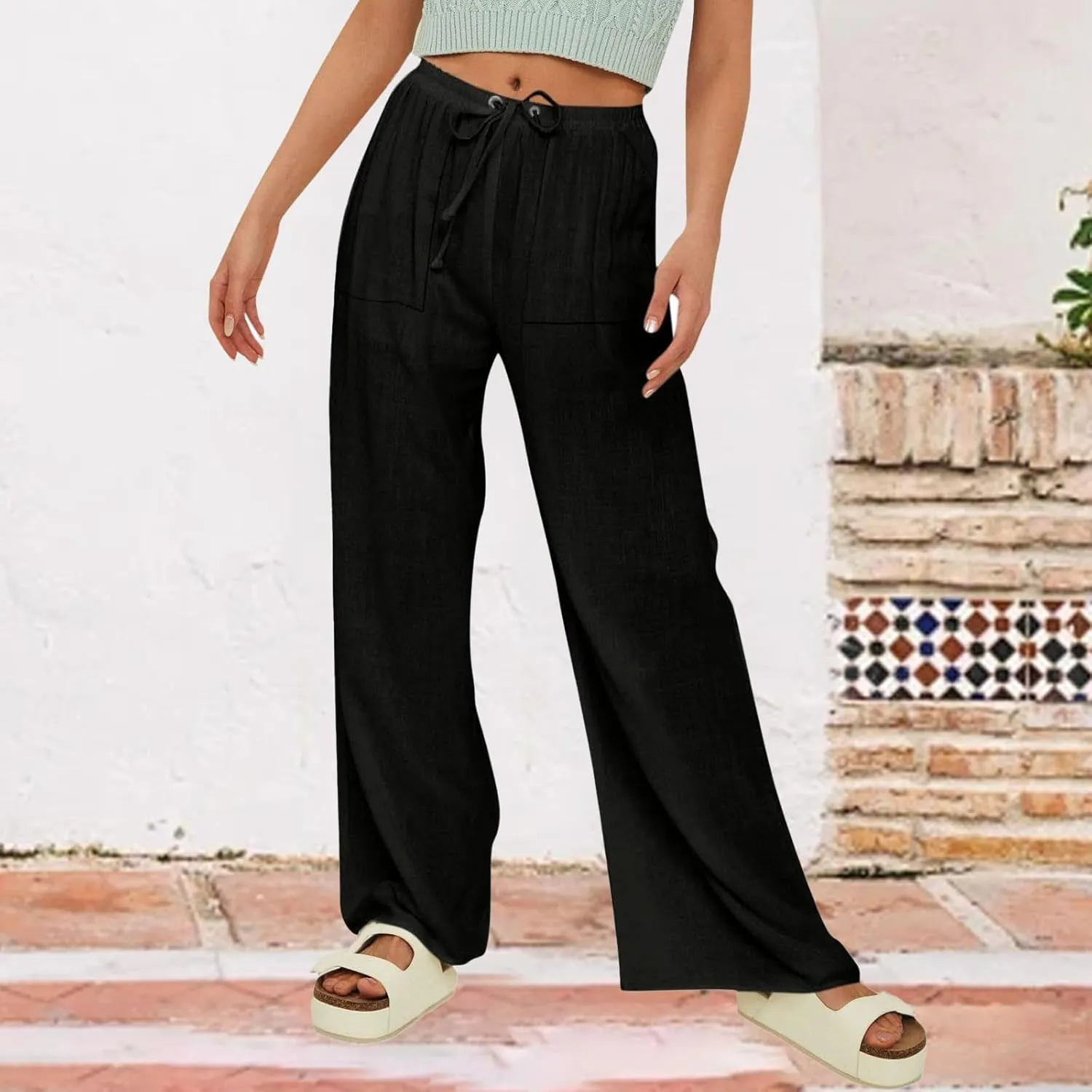 Cotton Linen Pants for Women Comfy Sweatpants Casual Loose Wide Leg Trousers with Pockets Summer Loose Beach Pants