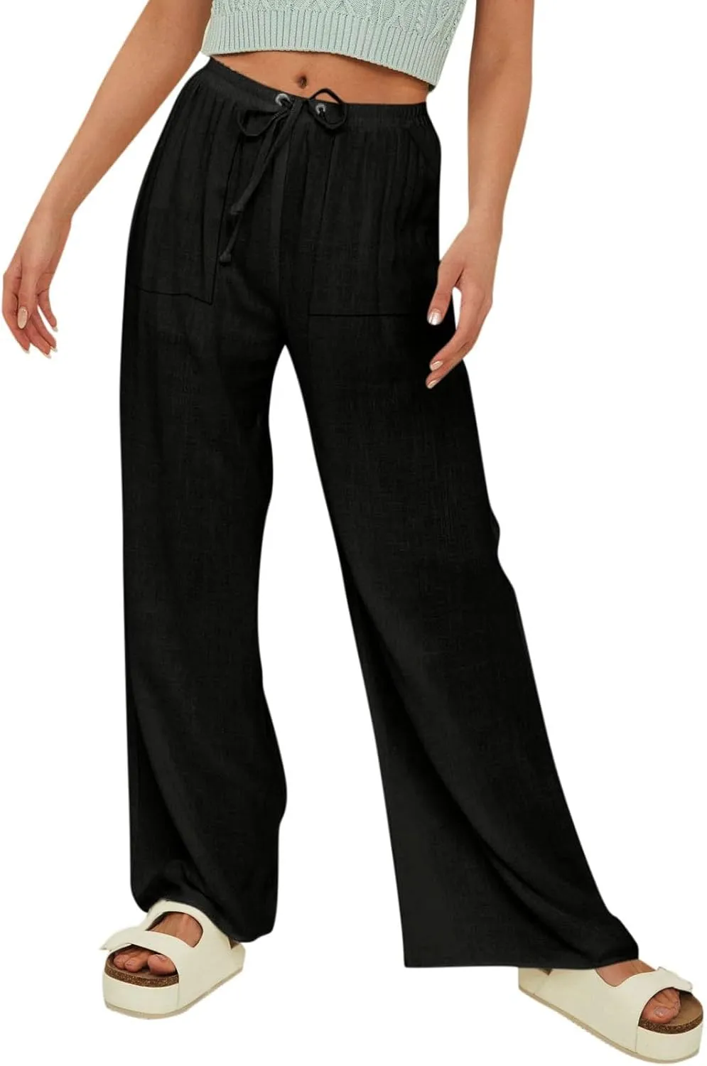 Cotton Linen Pants for Women Comfy Sweatpants Casual Loose Wide Leg Trousers with Pockets Summer Loose Beach Pants