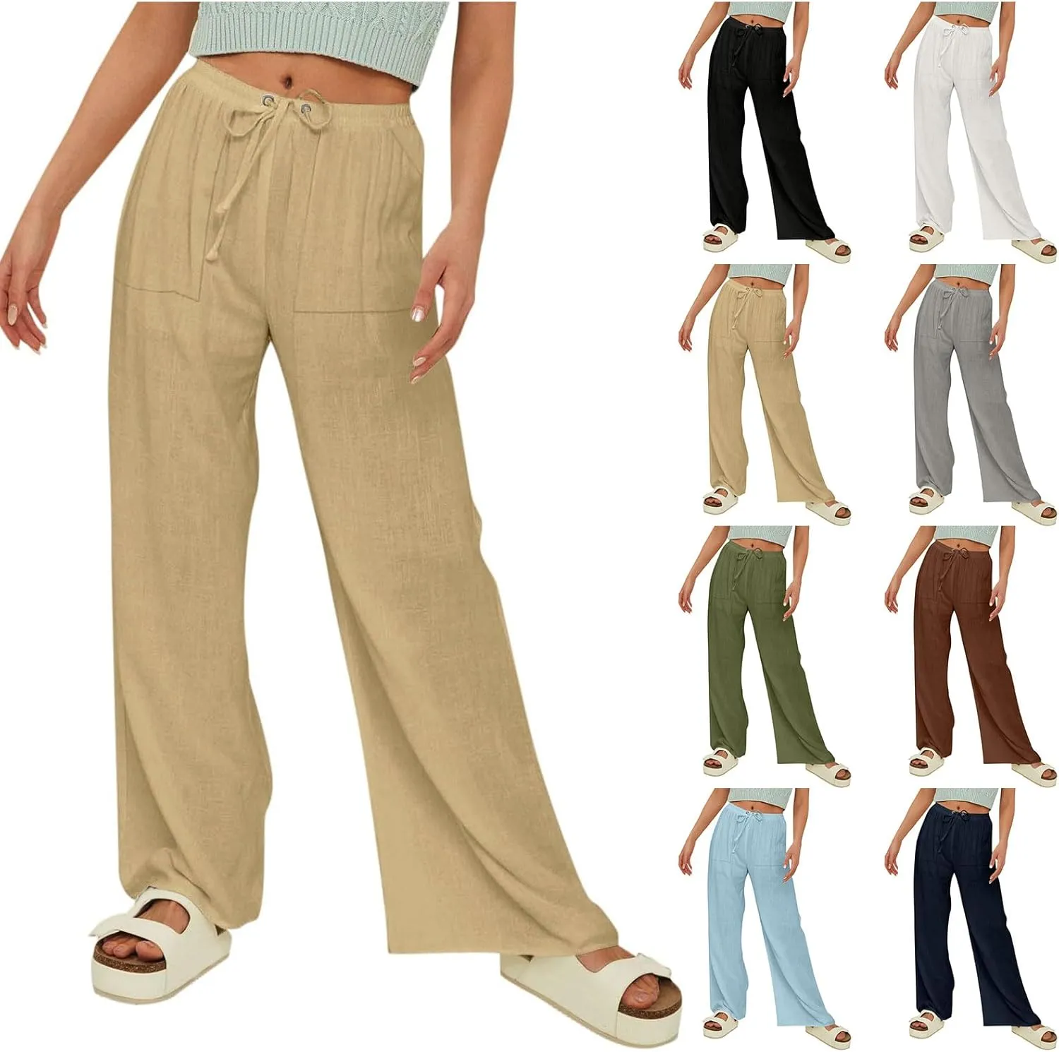 Cotton Linen Pants for Women Comfy Sweatpants Casual Loose Wide Leg Trousers with Pockets Summer Loose Beach Pants