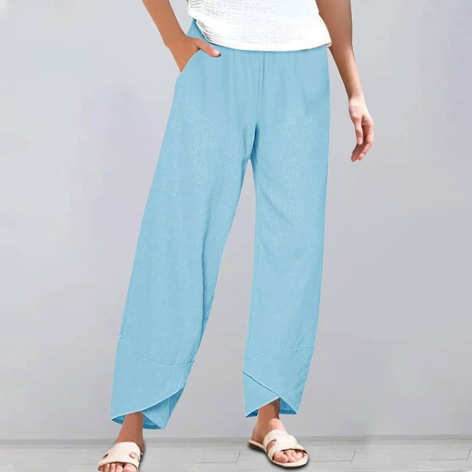 Cotton Linen Pants Women 2025 Summer Casual Plus Size Boho Pants Hight Waist Linen Vacation Beach Pants with Pockets