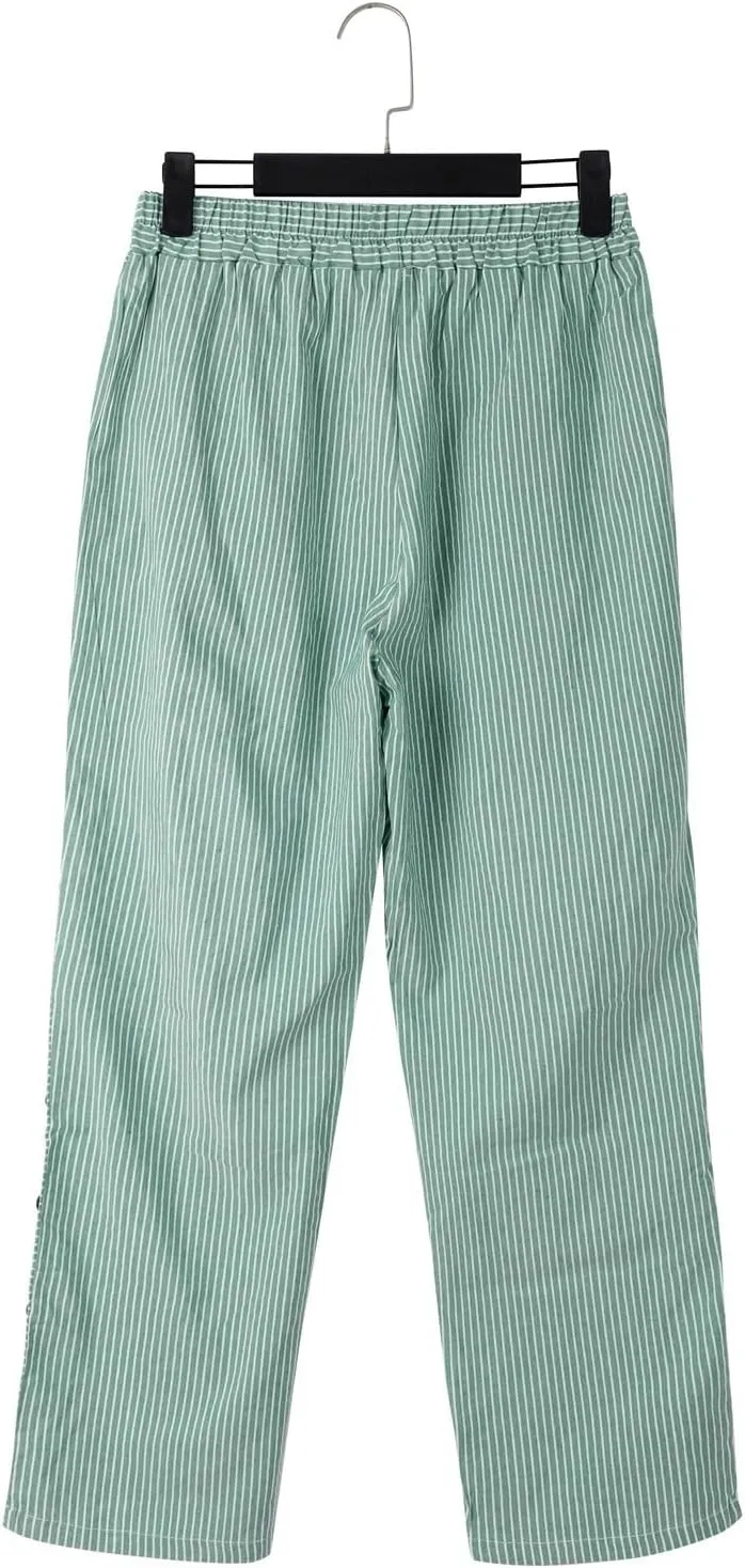 Cotton Linen Pants Women 2025 Summer High Waist Straight Leg Striped Cropped Pants Comfy Plus Size Lounge Trousers