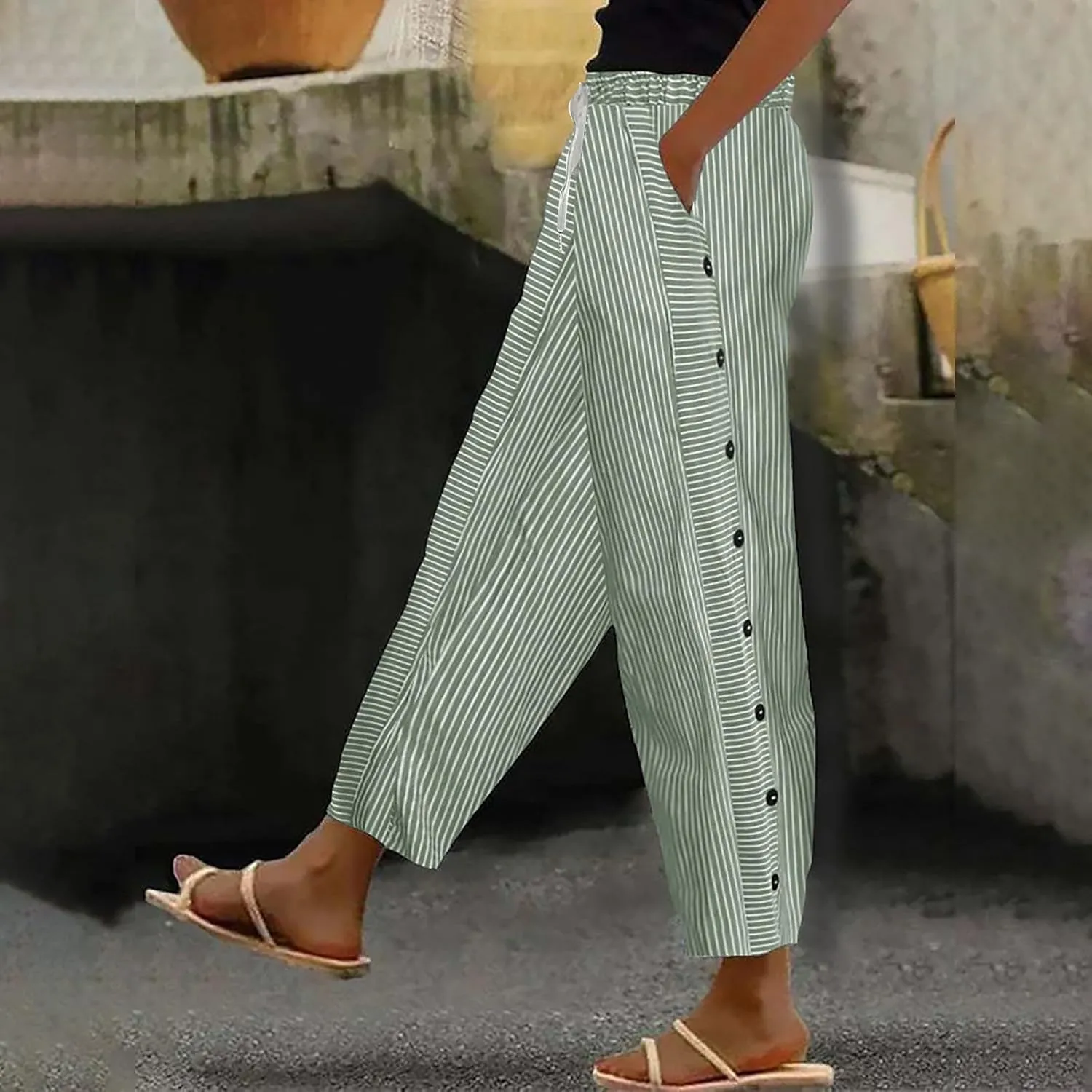 Cotton Linen Pants Women 2025 Summer High Waist Straight Leg Striped Cropped Pants Comfy Plus Size Lounge Trousers