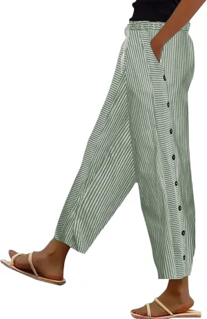 Cotton Linen Pants Women 2025 Summer High Waist Straight Leg Striped Cropped Pants Comfy Plus Size Lounge Trousers