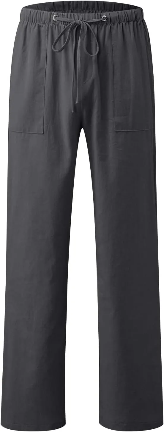 Cotton Linen Pants Women Summer Baggy Low Rise Drawstring Wide Leg Pants Casual Loose Trousers with Pockets