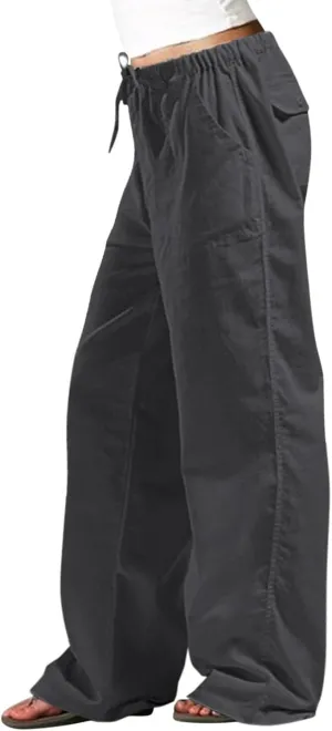 Cotton Linen Pants Women Summer Baggy Low Rise Drawstring Wide Leg Pants Casual Loose Trousers with Pockets