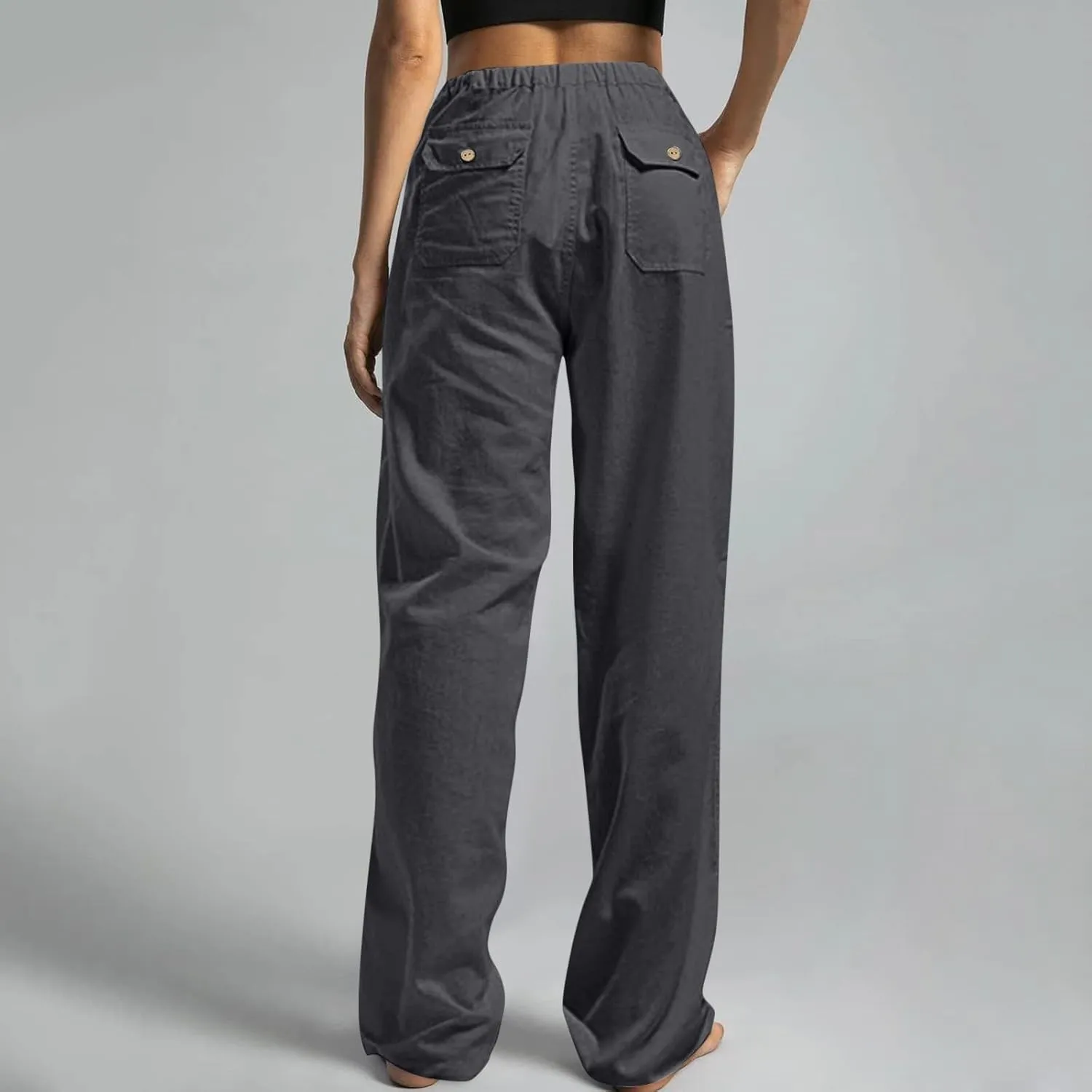 Cotton Linen Pants Women Summer Baggy Low Rise Drawstring Wide Leg Pants Casual Loose Trousers with Pockets