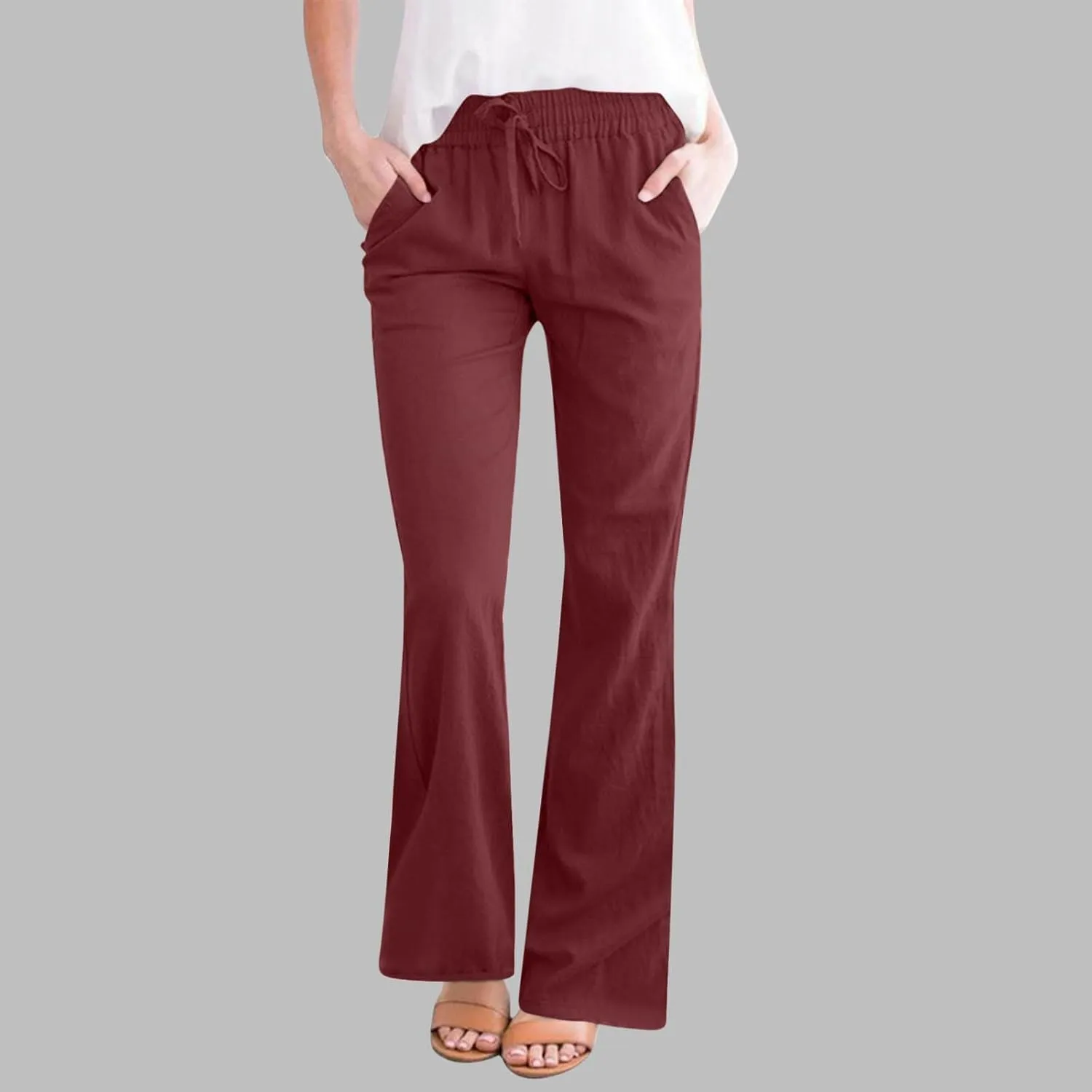 Cotton Linen Pants Women Summer Drawstring High Waisted Linen Palazzo Pants Wide Leg Lounge Pant Casual Beach Trousers